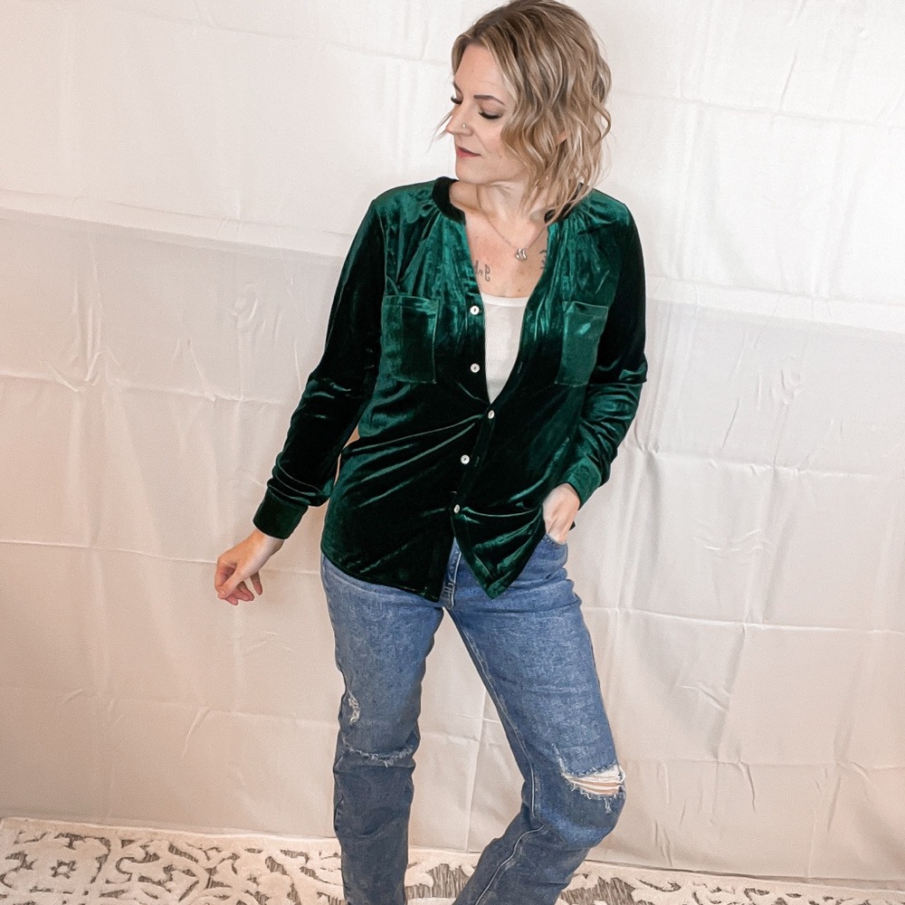 NWT! Green Velvet Button-Up Top